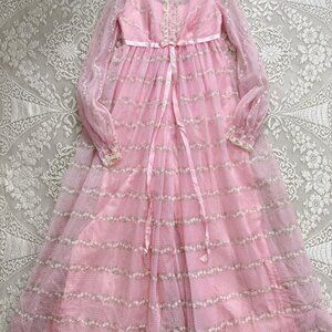 vintage 60's dainty coquette polkadot and floral wide leg jumpsuit w lace trim